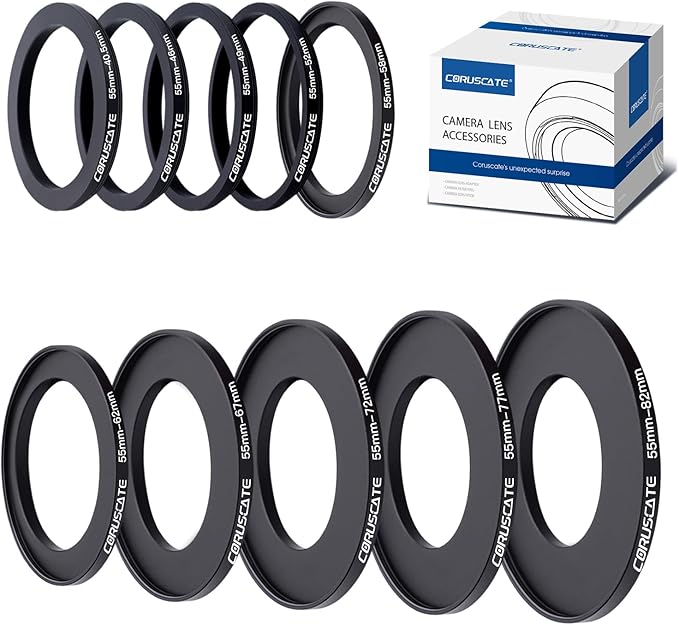 10Pcs 55mm Filter Ring Adapter Set,Metal Step-Up Ring for All Brands UV ND CPL (55-40.5mm,55-46mm,55-49mm,55-52mm,55-58mm,55-62mm,55-67mm,55-72mm,55-77mm,55-82mm)