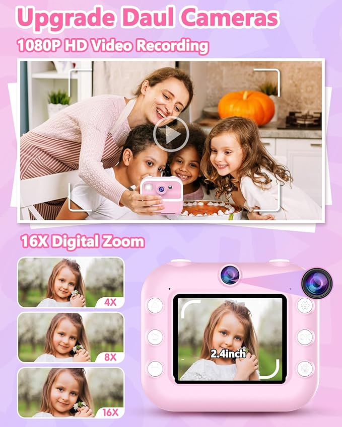 Kids Camera Instant Print, Christmas Birthday Gifts for Kids 3-12, 1080P Instant Print Camera for Kid, Toddler Camera Toy for 4 5 6 7 8 9 10 Year Old Girls Boys with 3 Rolls Paper and 32GB Card-Pink