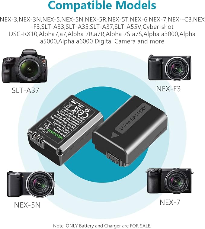 NEEWER NP-FW50 Camera Battery Charger Set Compatible with Sony ZV-E10 A7 A7R A7RII A7II A7SII A7S a6300 a6400 a6500 RX10 Series, 2 Pack 1100mAh Replacement Batteries, Micro USB&Type C Dual Charger