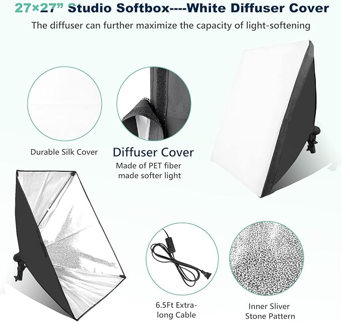 Torjim Softbox Photography Lighting Kit, 2Pcs 27" x 27" Professional Soft Box | 3000K-7500K 85W LED Bulbs with Remote, Photography Continuous Lighting Kit for Studio Lights, Portrait, Video Recording