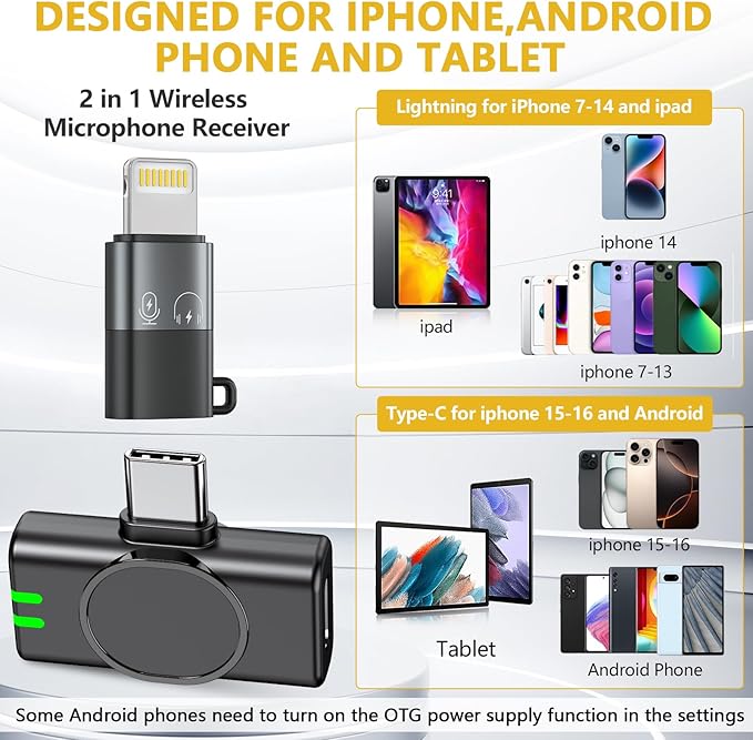 2 Pack Mini Microphone for iPhone iPad and Android Phone, Wireless Lavalier Microphone Noise Reduction Lapel Mic for Video Recording, Interview, YouTube, Vlog, Tiktok