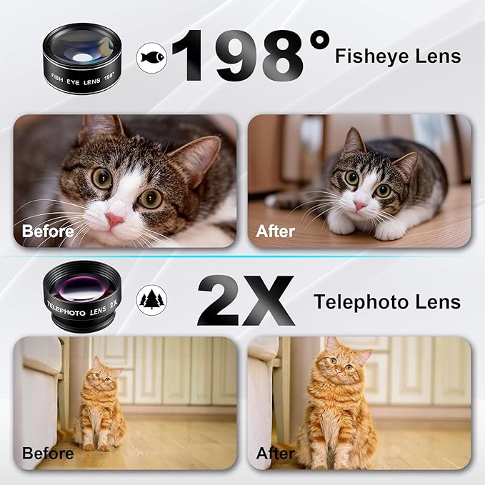 Phone Camera Lens Kit 21 in 1 with Universal 18x Telephoto Lens with Tripod 0.63x Wide Angle 15x Macro 198° Fisheye 2X Telephoto Cpl Compatible with Most Smartphone