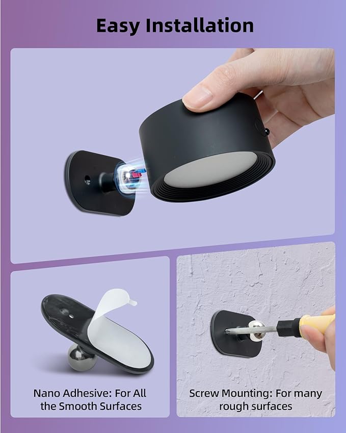 Wall Mounted Lights, 3 Pack Rechargeable RGB Color Changing Light, 3 Color Temps & Remote and Touch, 360°Rotation Dimmable Cordless for Study Bedroom Reading Bedside (Black)