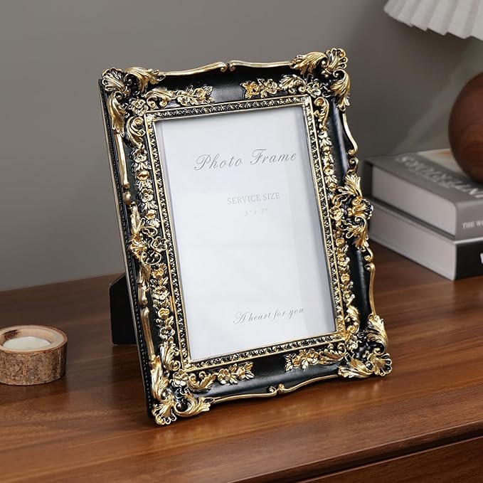 Cuspin 5x7 Picture Frame Black and Gold Frames, Vintage Baroque Handcrafted Resin Frames with Glass Front, Ornate Textured Design Decorative Picture Frame for Tabletop & Wall Display