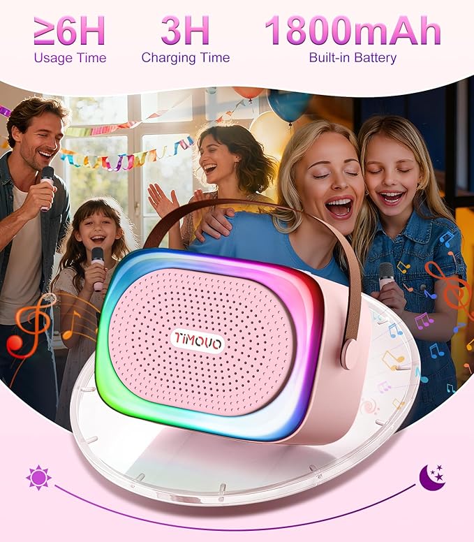 TiMOVO Mini Karaoke Machine, Portable Bluetooth Speaker with 2 Wireless Microphones and LED Lights, Birthday Gifts for Family Home Party, Pink