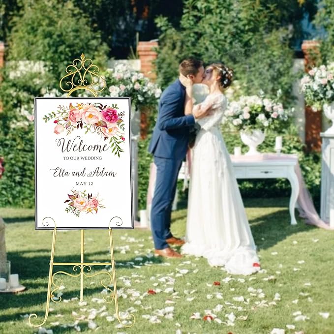Metal Easel Stand for Sign with Chain Support, Gold Extra Large Scroll Floor Standing Easel for Display Wedding Sign Picture Frame Mirror, 59" H × 22" L × 20" W