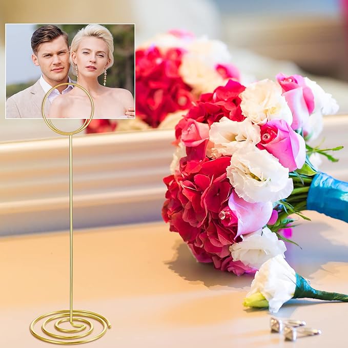 24 Pack 8.86 Inch Table Number Holder Wire Photo Holder Picture Name Menu Clips Memo Note Cards Stand for Wedding Reception Anniversary Birthday Centerpieces(Gold)