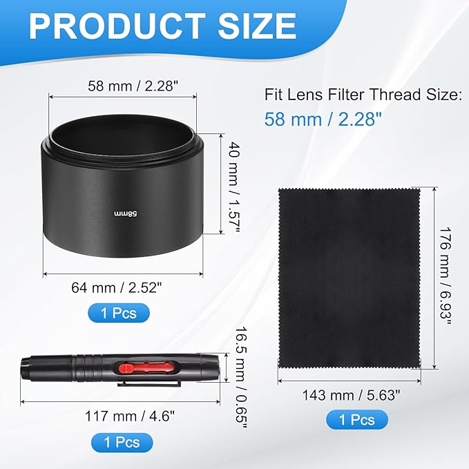 PATIKIL Lens Hood Shade, 58mm Long-Focus Mount Standard Screw-in Metal Camera Cap Shade with Cleaning Cloth and Cleaning Pen, Black