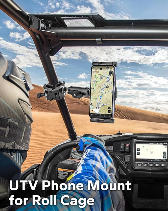 GDZN UTV Phone Mount for 1.5"-1.75" Roll Cage, Anti-Vibration Heavy Duty UTV/SXS Phone Holder with 360° Adjustable Arm, Aluminum Alloy Roll Bar Bracket Fit Polaris RZR, Can-Am for 4.7"-7.6" Devices