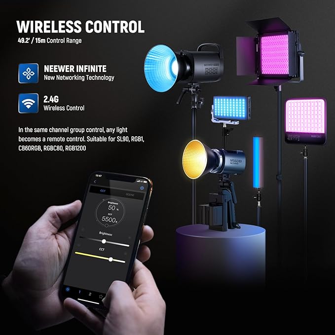 NEEWER MS60B LED Video Light 2.4G/APP Control, 65W Metal Mini Compact COB Continuous Output Lighting Bowens Spotlight for Photography Studio Recording, 40000lux/1m 2700-6500K CRI 97+/TLCI 98+, Silver