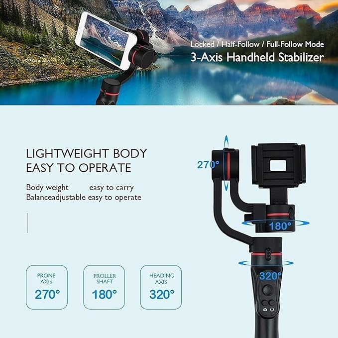 3-Axis Smartphone Stabilizer with Tripod, Magnetic Design, Portable and Foldable, Video, for Android and iOS
