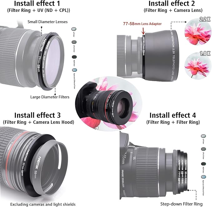 77mm Lens to 58mm Camera Lens Adapter,77mm to 58mm Filter Step-Down Ring Adapter Ring,Compatible All 58mm Filter Accessory
