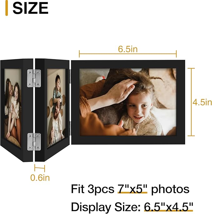 decorUhome Triple 7x5 Picture Frame Horizontal, Engineered Wood Trifold Photo Frame with Plexiglass for Tabletop Display, 7x5, Black