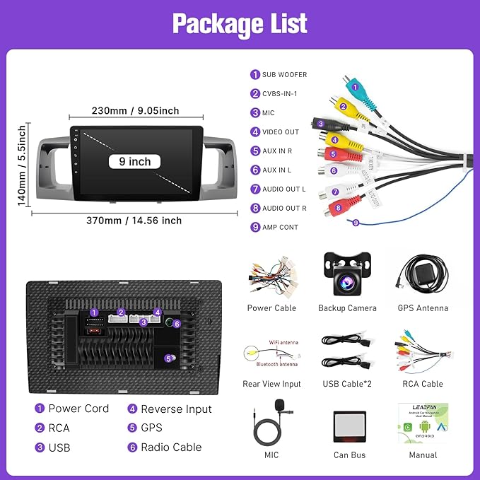 Leadfan Car Radio for Toyota Corolla 2003 2004 2005 2006 2007 2008, with Wireless Carplay, Android Auto, FM, Plug and Play/GPS Navi/SWC (for Corolla 2003-2008 with JBL&Big Screen, 4+64G)