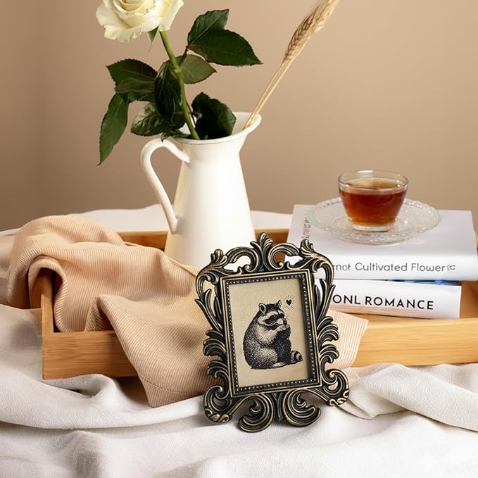 Vintage Cute Raccoon Small Picture Frame, Funny Mini Ornate Photo Frame for TableTop Desk Display Decor, Rustic Retro Baroque Prints Decorations Gifts for Bedroom 1.7x2.5in Photo