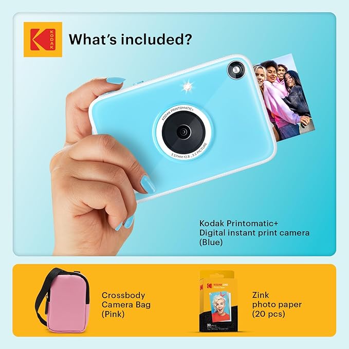 Kodak Printomatic+ Instant Print Digital Camera Starter Bundle + Carrying Case (Pink) + Zink 20pk Sticky-Back Photo Paper - 10MP, Full-Color Photos, GB LED Status Indicator - Blue