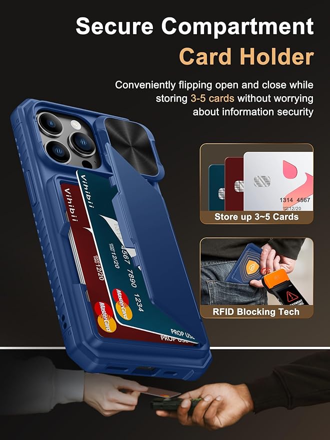 Vihibii for iPhone 13 Pro Case with Card Holder (4 Cards), [RFID Blocking] & Slide Camera Cover, Military Grade Drop Protection, Heavy Duty Shockproof Wallet Cover for iPhone 13 Pro, 6.1" 2021, Blue