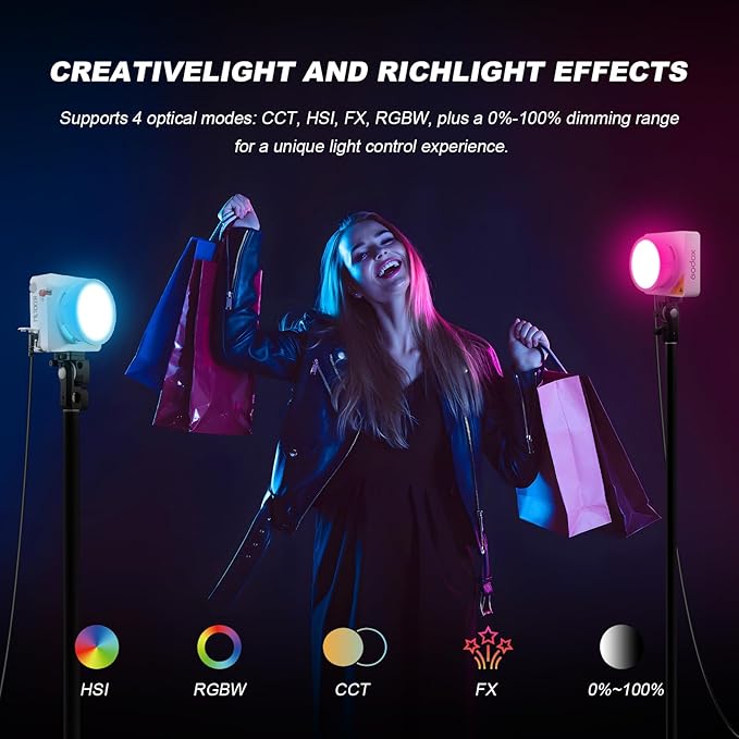 Godox ML100R RGB COB LED Video Light, 110W Full-Color Lamp with Battery & Carry Case, Godox Mount, 1800K-10000K, CRI 97+/TLCI 98+, 14 FX Effects, APP Control for Studio/Streaming/Outdoor Photography