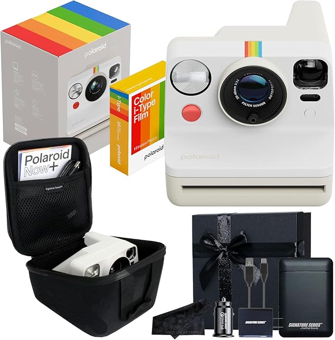 Polaroid Now 3rd Generation i-Type Instant Film Camera with 16 Color Film Photos, Pebble White, with Signature Series Gift Bundle