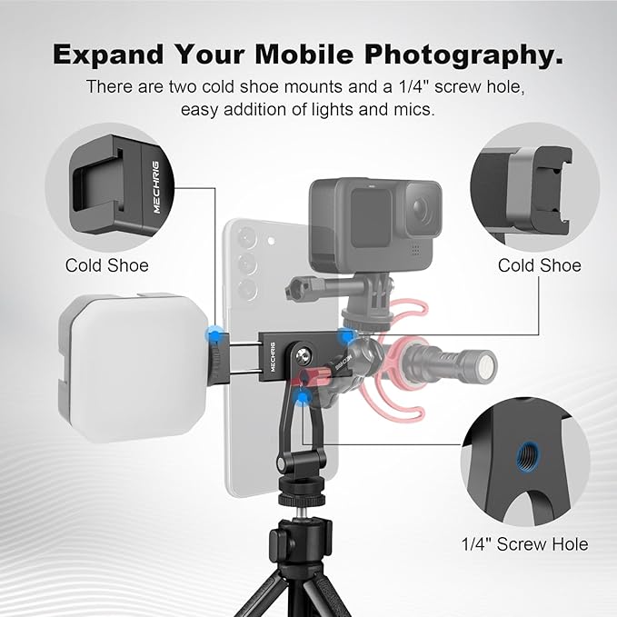 Metal Phone Tripod Mount with Cold Shoes & 1/4" Thread, 180° Tilt & 360° Rotation Tripod Phone Holder Stand for iPhone 16 Pro Max/Samsung Galaxy/All Phones/Camera/Cage/Selfie Stick (69001)