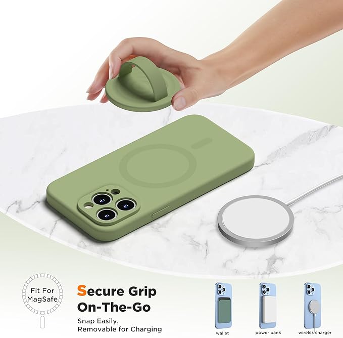 Upgraded Magnetic Phone Grip, Liquid Silicone Soft and Portable, Removable Finger Loop Ring Grip Holder for iPhone, Strong Magnetic Attraction, Compatible with MagSafe Phone Case, Tea Green