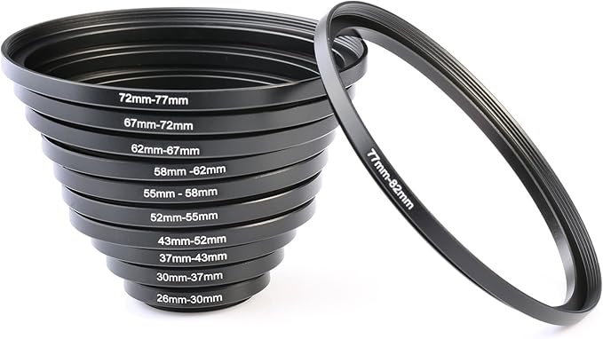 K&F CONCEPT 11pcs Metal Stepping Rings Step Up Ring Set 26-30MM 30-37MM 37-43MM 43-52MM 52-55MM 55-58MM 58-62MM 62-67MM 67-72MM 72-77MM 77-82MM Compatible with Canon Nikon DSLR Cameras Lens
