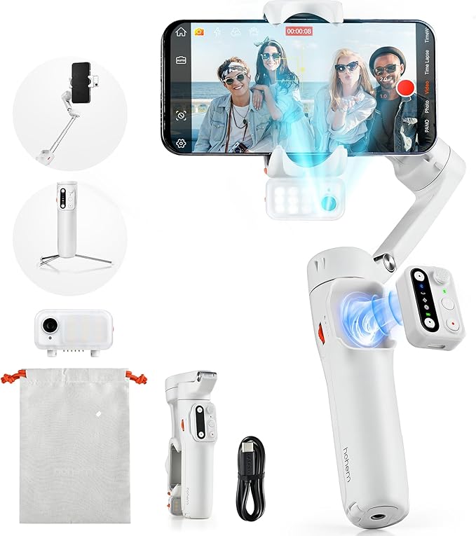 hohem iSteady V3 Gimbal Stabilizer for iPhone, Phone Gimbal with Magnetic AI Tracker, Built-in Extension Rod, Tripod, Fill Light, Phone Stabilizer for Video Recording, YouTube, White