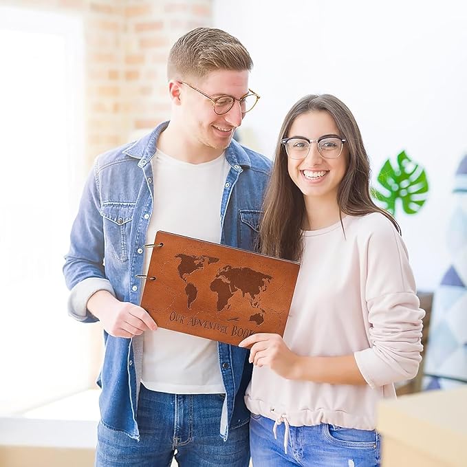Adventure Book 3D Wooden Cover Scrapbook Photo Album 11.92 x 7.62"Timeless Memory Journal for Unforgettable Adventures&Precious Moments-Ideal for Anniversaries,Travel & Couple Gifts (3D Map Style)