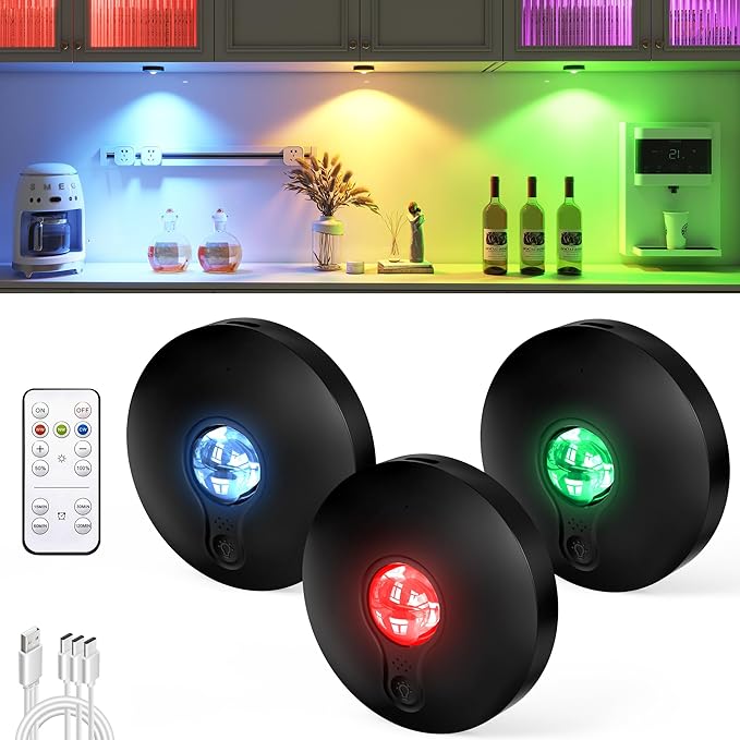 Rechargeable RGB Puck Lights,13 Colors Changeable LED Puck Lightings Remote Controls,LED Under Cabinet Lighting,Battery Operated Tap Lights,Dimmable Wireless Closet Light for Kitchen
