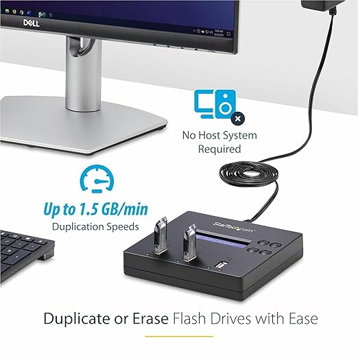 StarTech.com Standalone 1 to 2 USB Flash Drive Duplicator / Cloner / Eraser, Multiple USB Thumb Drive Copier / Sanitizer, System File / Sector-by-Sector Copy, 1.5 GB/min, 3-Pass Erase, LCD, TAA