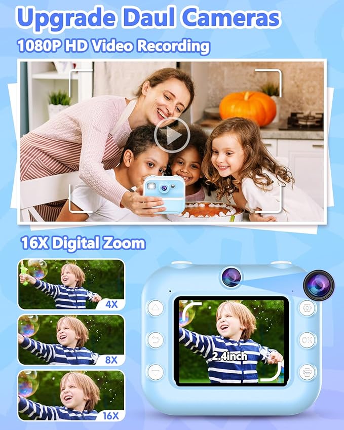 Kids Camera Instant Print, Christmas Birthday Gifts for Kids Age 3-12, HD Camera for Kids with Printing Photo Paper, Portable Toy for 4 5 6 7 8 9 10 Year Old Girl with 32GB SD Card-Blue