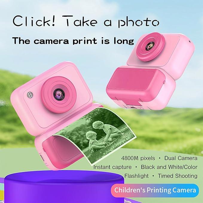 Kids Camera Instant Print, Instant Camera with 4 Roller Photo Paper & 32GB Card, 1080P Dual-Lens Digital Camera for Kids, Boys and Girls Toys Gifts for Teenage Girls Kids Toys for Ages 8-13 (Pink)