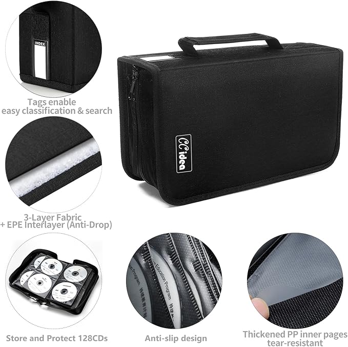 CCidea CD Case DVD Storage Holder, 128 Capacity DVD Cases Organizer CD Plastic Protective Carrying Binder,Portable Cd Wallet for Home Travel (Black)