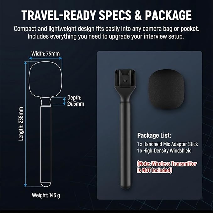 Wireless Microphone Handheld Adapter Stick - Interview Handle Mount for DJI Mic Mini/Mic 3/2/Pocket 3, Rode Wireless GO II & Hollyland Lark | Lavalier Mic Stand Holder for Vlogging & Reporting