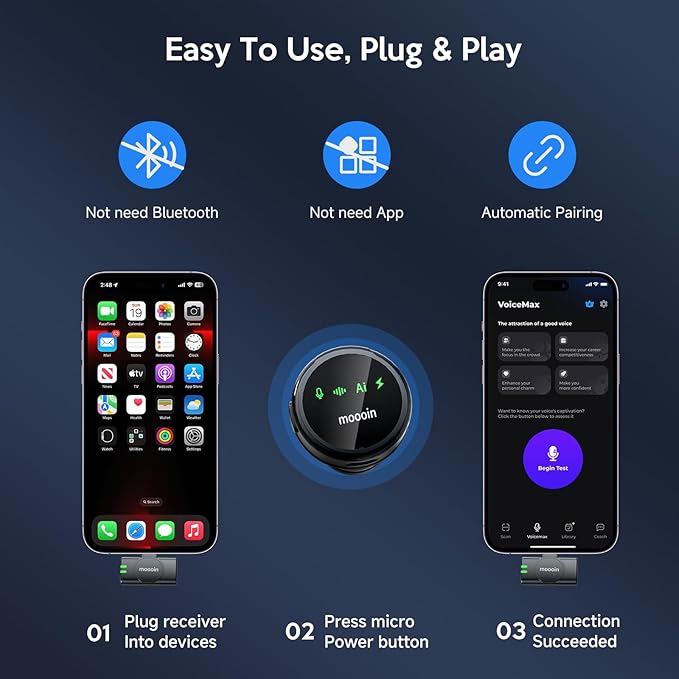 Wireless Bluetooth Lavalier Microphone for iPhone, with AI Noise Reduction – Plug-and-Play Clip-on Mic for iPhone/iPad/Android, Long Battery Life Mini Portable for Vlogging, Live Streaming, Interviews