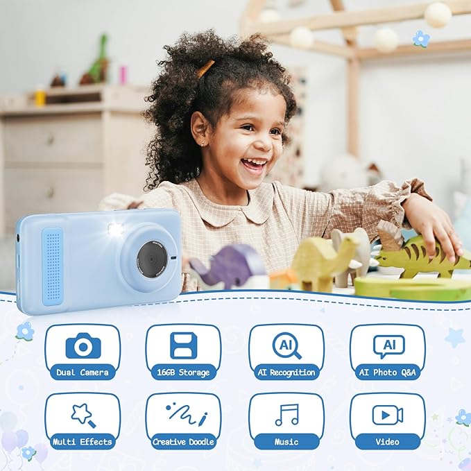 AI Everything Recognition Kids Camera for 4-12 Years Old Girls Boys, Supports 2.4GHz Wi-Fi,4" LCD Touch Screen,Dual Lenes Selfie Digital Camera,Gift Ideas for Birthday Christmas Festival