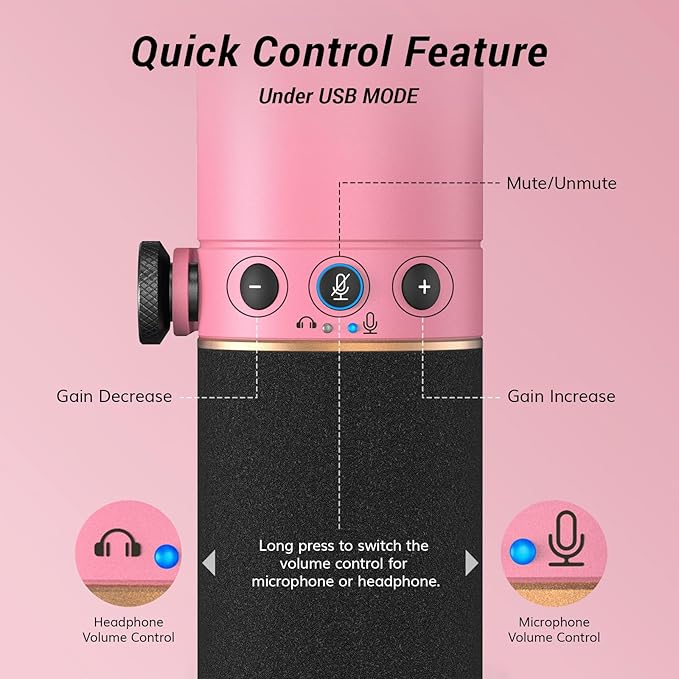TONOR Dynamic Podcast Microphone, XLR/USB Mic for Recording, Streaming, XLR Cardioid Studio Mic with Quick Mute, 3.5mm Jack, Volume Control, 200 cm/78inch Cable, with Boom Arm, Pink, TD510+