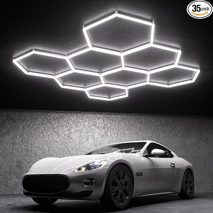 Hexagon Garage Lights: 245W 35 Pack 8 Grids LED Garage Lights - Easy Install 6500K Super Bright Honeycomb Light for Warehouse, Car Detailing Shop, Exhibition Hall, Gym