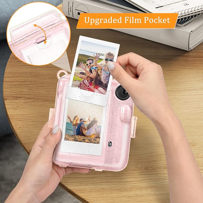 Fintie Protective Clear Case for Fujifilm Instax Mini 12 Instant Camera - Crystal Hard Shell Cover with Upgraded Film Pocket for Storing Photos & Removable Shoulder Strap