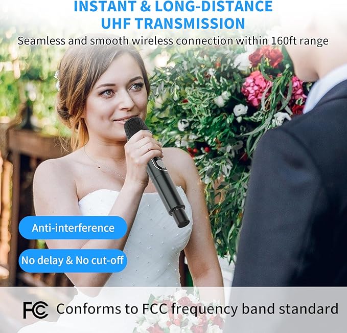 Wireless Microphones, Professional UHF Dual Microphones for Karaoke, Wireless Dynamic Microphone System Set with Rechargeable Receiver,Plug and Play, Speech, Wedding, Church, PA System