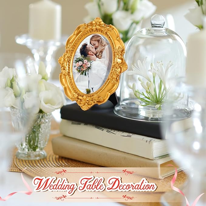 Maitys 15 Pcs Mini Picture Vintage Frames with Stands Tiny Antique Photo Baroque Ornate Resin Oval Frame Table Top Display Home Wedding Decor (Multicolor)