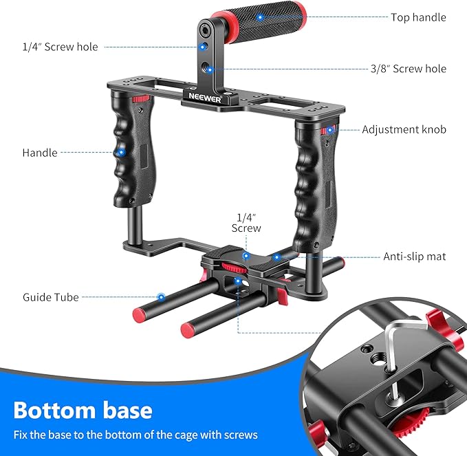 NEEWER Camera Video Cage Film Movie Making Kit, Aluminum Alloy with Top Handle, Dual Hand Grip, Two 15mm Rods, Compatible with Canon Sony Fujifilm Nikon DSLR Camera and Camcorder (Black + Red)