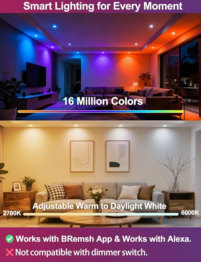 ILC 4 Inch LED Reccessed Downlights Compatible with Alexa (Hub Required), 10W, APP Controlled, RGB Color Changing, 2700K-6000K, 100W Equivalent, Recessed Ceiling Lights,Bluetooth MESH (6 Packs)