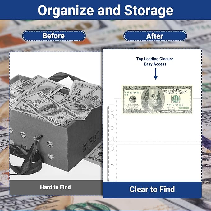 ENPOINT 90 Pockets Acid Free Currency Sleeves, 30 Pack Dollar Bill Sleeves for Collecting Cash, Banknotes or Coupons, Fit for 3 Ring Binder Currency Album, Non Stick and Non Glare