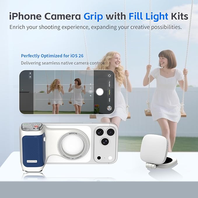COMITOK iPhone Camera Grip MOCA with Magnet Fill Light & Mirror for 17 Pro iOS26 Native Camera, Fun Shot Magnetic Grip for Phone Compatible iOS17 and iOS18 with Anti-Drop Detachable Remote & Keychain