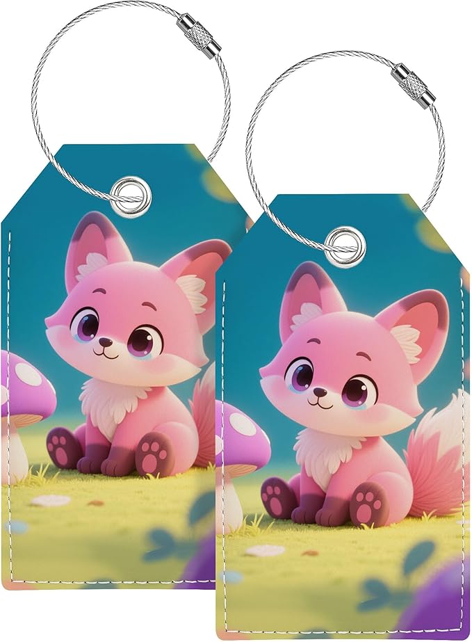 Luggage Tag, Luggage Tags for Suitcases, Cute Personalized Bag Tags for Backpacks Handbag School Instrument with Name ID Label Travel Essentials, Unique Fun Baggage Tags 2 Pack, Pink Fox