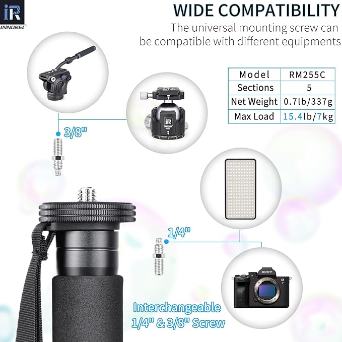 Carbon Fiber Camera Monopod INNOREL RM255C Professional Portable Compact Lightweight Travel 5-Section Monopod for Canon Nikon Sony DSLR Camera Video Camcorder DV Photography Bracket Load 15lbs/7kg