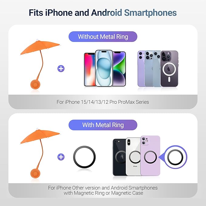 UPF 45+ Magnetic Phone Umbrella with Black Anti-UV Coating, Upgrade UV Cellphone Umbrella with Bendable & Phone Ring Design for Outdoor Beach Tiktok Video Watching Anti-Glare Gaming Anti-Heating-Orange