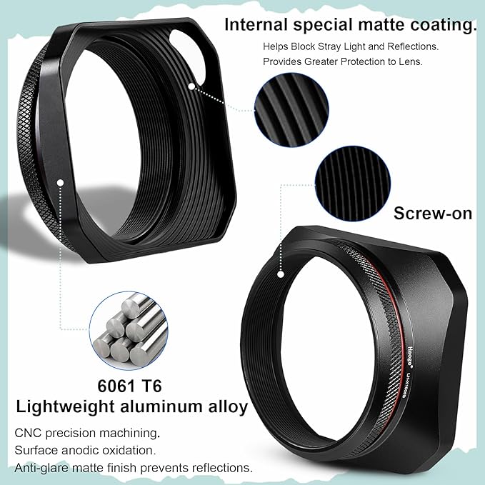 Haoge Square Metal Lens Hood for Fujifilm Camera X100VI Fuji X100V X100F X100T X100S X70 with 49mm Uv Filter Adapter Ring Accessories Hollow Out Designed Black
