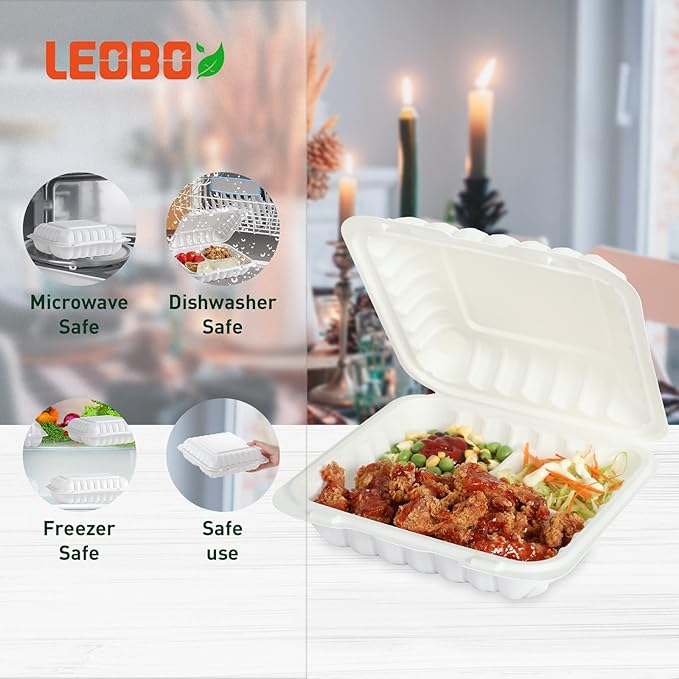 LEOBOX Food Containers Mineral Filled PP Plastic - 7.8 Inch 30oz 65 Pack BPA Free 3 Compartments Shrink Wrap To Go Boxes | Freezer & Microwave Safe for Takeout | White Reusable & Disposable Container